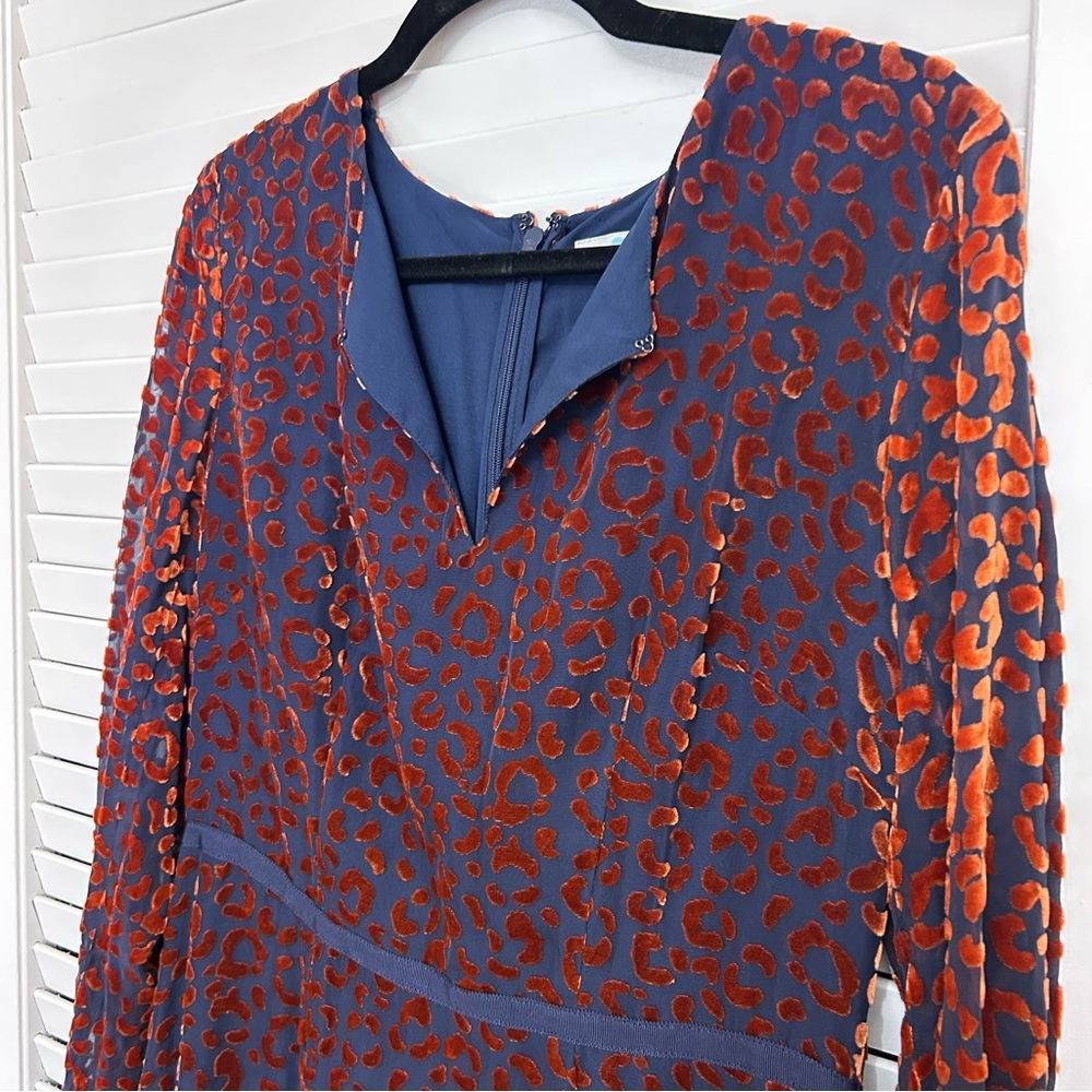 Boden Marie long sleeve midi dress navy blue orange velvet animal print sz 12 - Picture 3 of 8